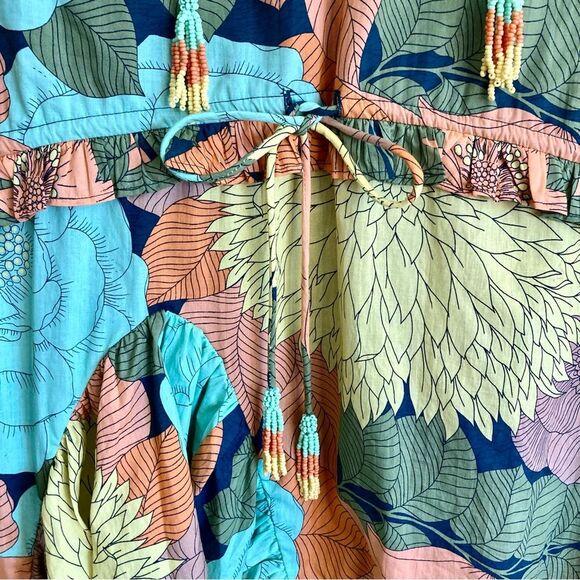 NEW Farm Rio Anthropologie Long Sleeve Floral Midi Dress Beaded Tassel Size XS - Picture 9 of 16